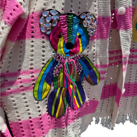 Colorful Striped Cardigan with Bear and Flower Patches - Picture 6 of 6